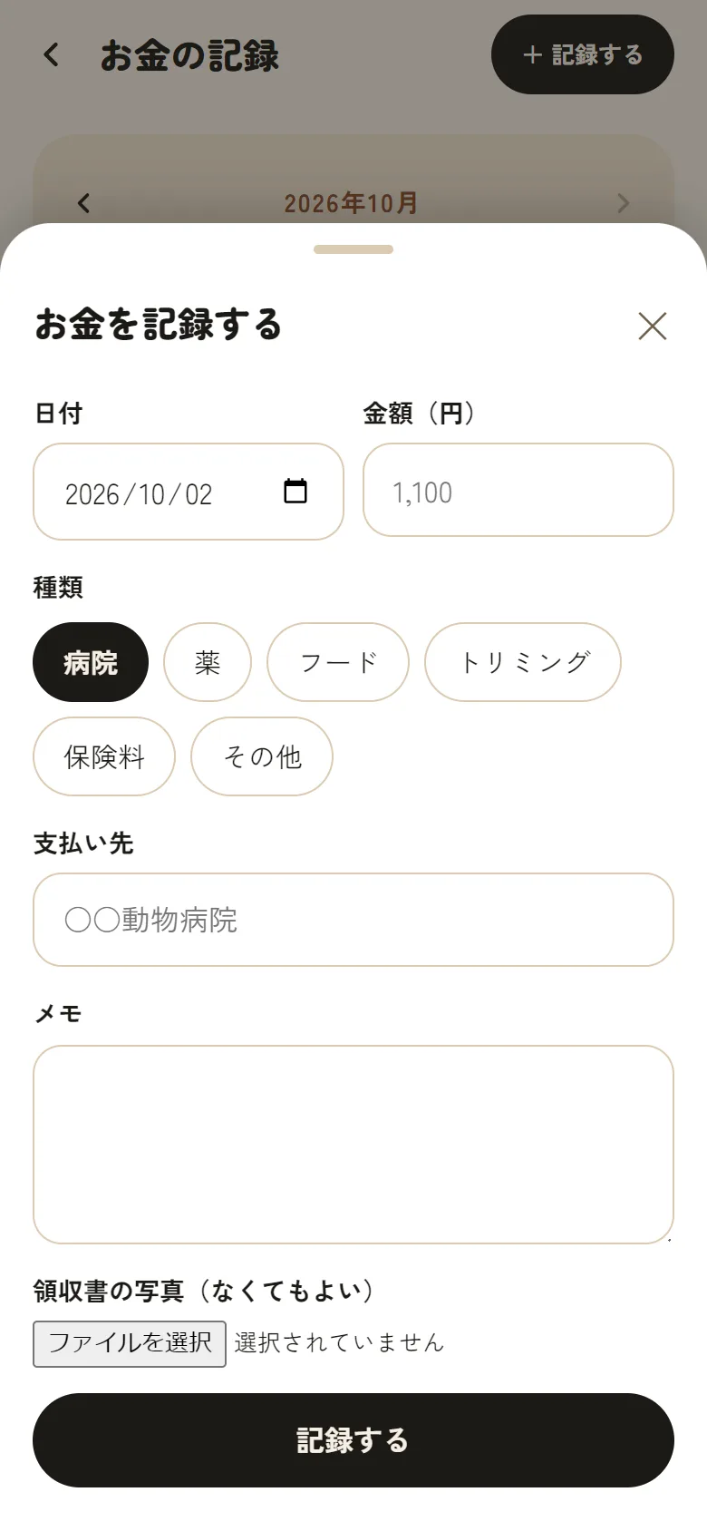 「お金を記録する」の画面。日付・金額・種類・支払い先を入れる