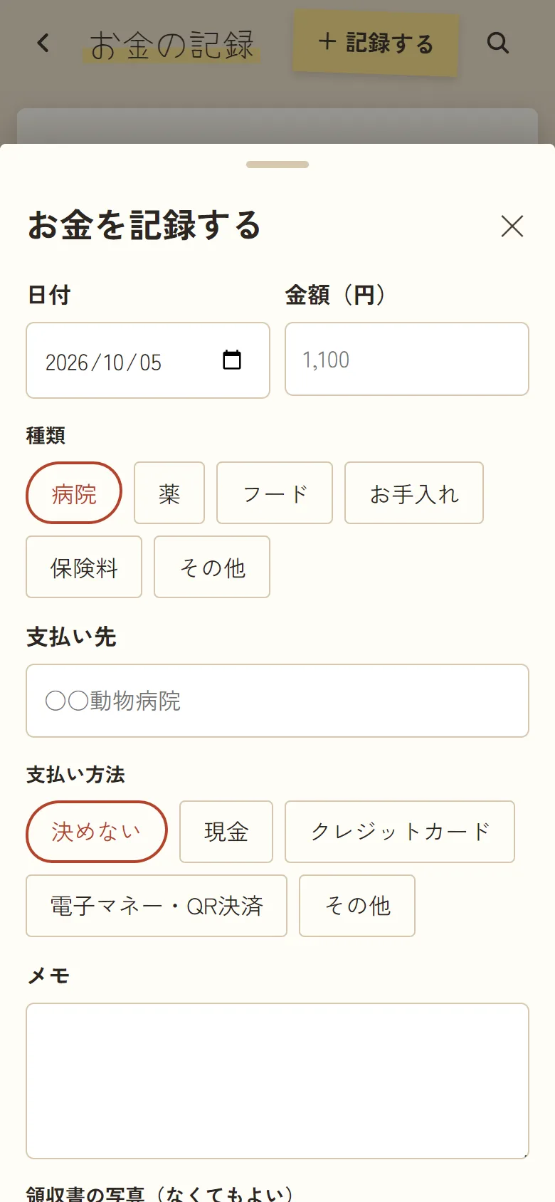 「お金を記録する」の画面。日付・金額・種類・支払い先を入れる